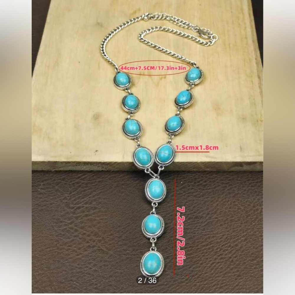 ⭐️ Western Boho Lariat Y Shape Silver and Faux Turquoise Drop Necklace NWOT - Picture 5 of 13